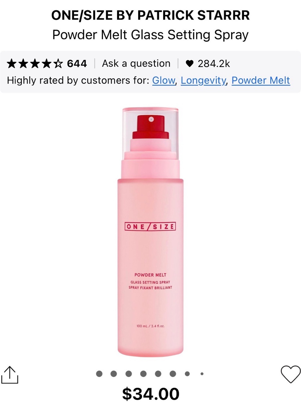 ONE/SIZE Powder Melt Glass Setting Spray — Pink Bottle